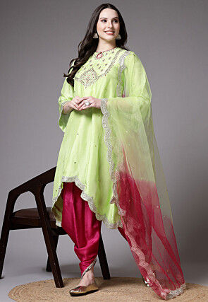 Embroidered Uppada Silk Asymmetric Punjabi Suit in Light Green