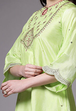 Embroidered Uppada Silk Asymmetric Punjabi Suit in Light Green