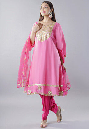 Embroidered Uppada Silk Punjabi Suit in Light Pink
