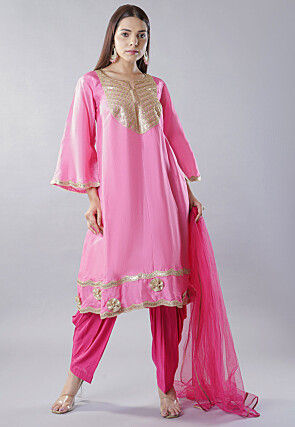 Embroidered Uppada Silk Punjabi Suit in Light Pink