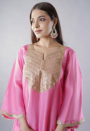 Embroidered Uppada Silk Punjabi Suit in Light Pink