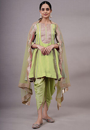 Embroidered Uppada Silk Punjabi Suit in Olive Green