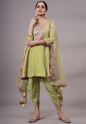 Embroidered Uppada Silk Punjabi Suit in Olive Green