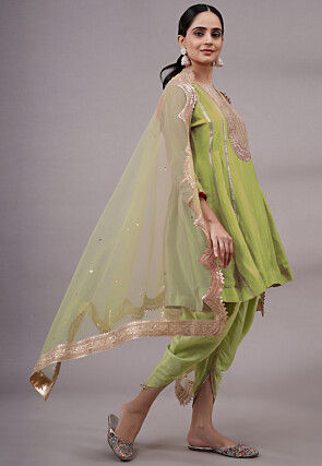 Embroidered Uppada Silk Punjabi Suit in Olive Green