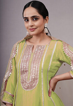 Embroidered Uppada Silk Punjabi Suit in Olive Green