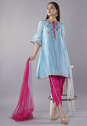 Embroidered Uppada Silk A Line Suit in Sky Blue