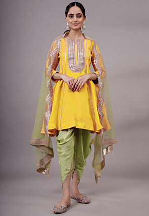 Embroidered Uppada Silk Punjabi Suit in Yellow
