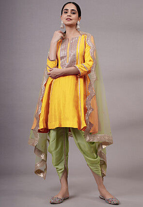 Embroidered Uppada Silk Punjabi Suit in Yellow