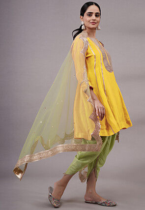 Embroidered Uppada Silk Punjabi Suit in Yellow
