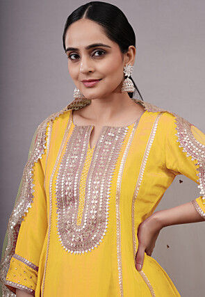Embroidered Uppada Silk Punjabi Suit in Yellow