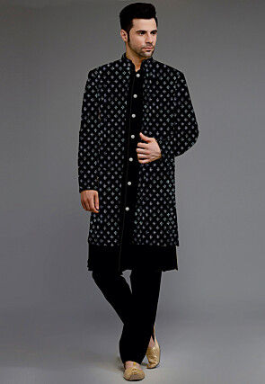 Embroidered Uppada Silk Sherwani in Black