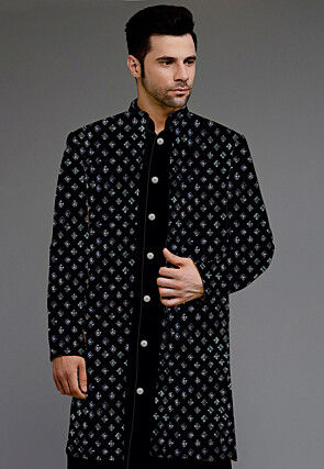Embroidered Uppada Silk Sherwani in Black