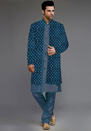 Embroidered Uppada Silk Sherwani in Dusty Blue