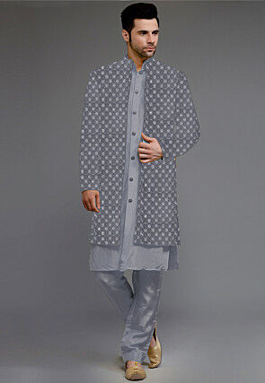 Embroidered Uppada Silk Sherwani in Grey
