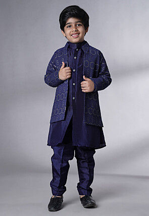 Embroidered Uppada Silk Sherwani in Navy Blue