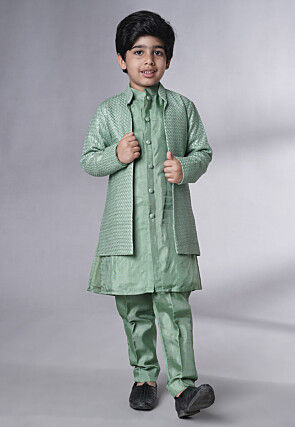 Embroidered Uppada Silk Sherwani Set in Dusty Green
