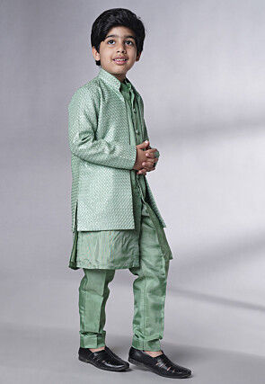 Embroidered Uppada Silk Sherwani Set in Dusty Green