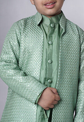 Embroidered Uppada Silk Sherwani Set in Dusty Green