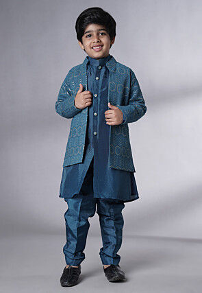 Embroidered Uppada Silk Sherwani Set in Teal Blue