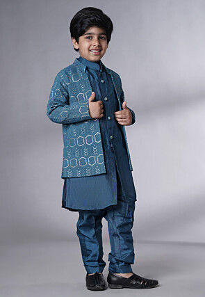 Embroidered Uppada Silk Sherwani Set in Teal Blue