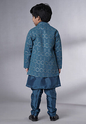 Embroidered Uppada Silk Sherwani Set in Teal Blue