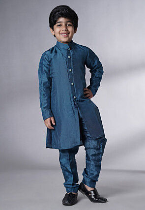 Embroidered Uppada Silk Sherwani Set in Teal Blue