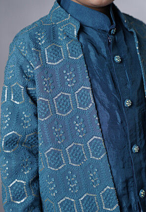 Embroidered Uppada Silk Sherwani Set in Teal Blue