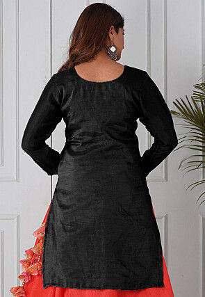 Embroidered Uppada Silk Straight Kurta in Black
