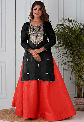 Embroidered Uppada Silk Straight Kurta in Black