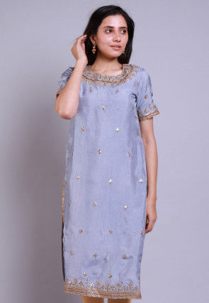 Embroidered Uppada Silk Straight Kurta in Grey