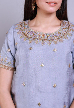 Embroidered Uppada Silk Straight Kurta in Grey