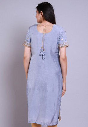 Embroidered Uppada Silk Straight Kurta in Grey