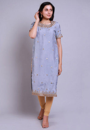Embroidered Uppada Silk Straight Kurta in Grey
