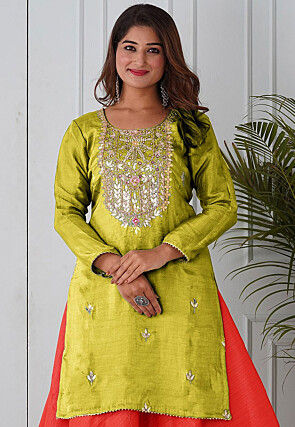 Embroidered Uppada Silk Straight Kurta in Light Olive Green