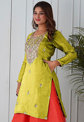 Embroidered Uppada Silk Straight Kurta in Light Olive Green