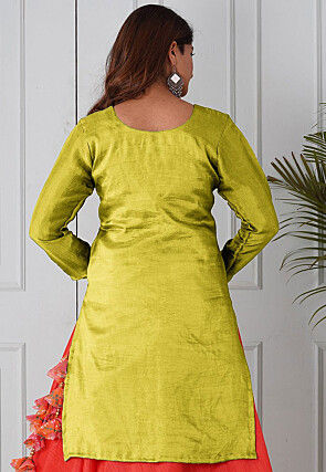 Embroidered Uppada Silk Straight Kurta in Light Olive Green