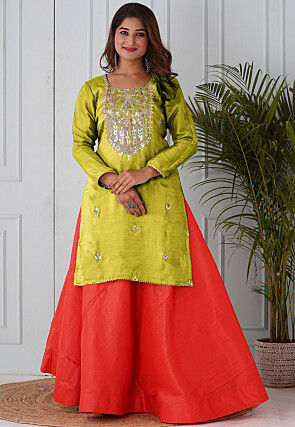 Embroidered Uppada Silk Straight Kurta in Light Olive Green