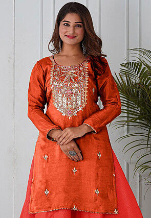 Embroidered Uppada Silk Straight Kurta in Orange