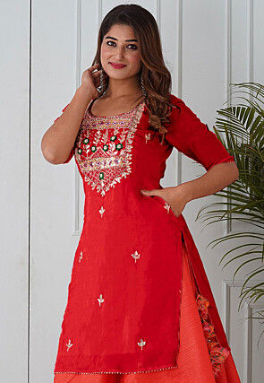 Embroidered Uppada Silk Straight Kurta in Red