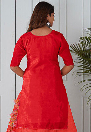 Embroidered Uppada Silk Straight Kurta in Red