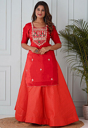 Embroidered Uppada Silk Straight Kurta in Red