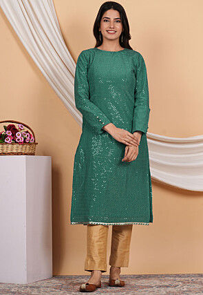 Embroidered Uppada Silk Straight Kurta Set in Dark Green