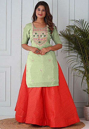 Embroidered Uppada Silk Straight Kurta Set in Pastel Green
