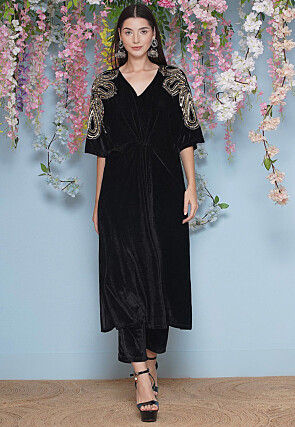 Embroidered Velvet A Line Kurta Set in Black