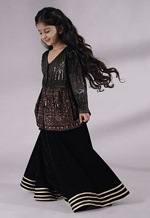 Embroidered Velvet A Line Kurta Set in Black