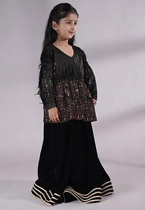 Embroidered Velvet A Line Kurta Set in Black