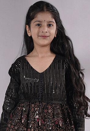 Embroidered Velvet A Line Kurta Set in Black