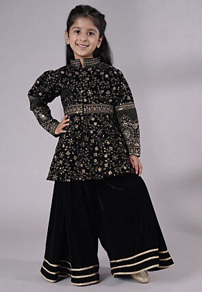 Embroidered Velvet A Line Kurta Set in Black