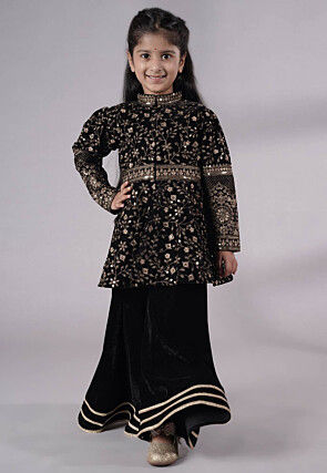 Embroidered Velvet A Line Kurta Set in Black