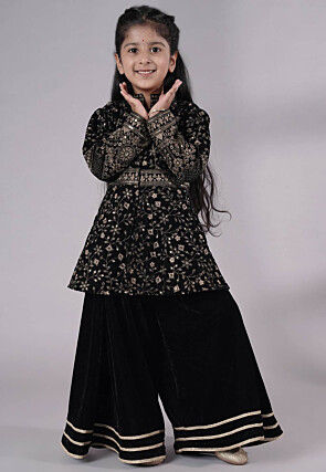 Embroidered Velvet A Line Kurta Set in Black